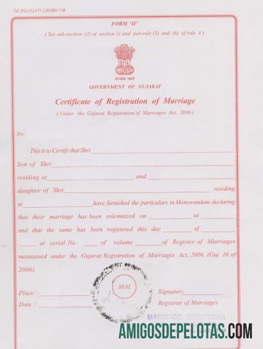 Índia Gujarat Registro de Casamento Certidão de Casamento exemplo real
